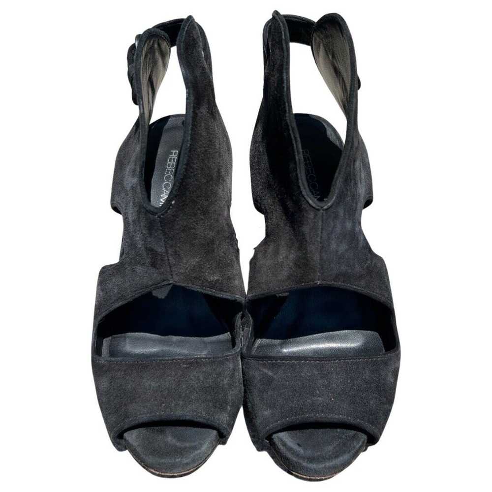 Rebecca Minkoff Demure Toe Suede Bootie High Heel Peep Size 7.5 EU 37.5 Black - Picture 3 of 11